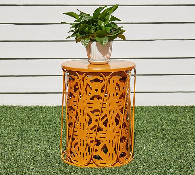 HFHOME Set of 3 Metal Outdoor Side Table, Nesting Round Coffee Table for Indoor Outdoor, Heavy Duty End Tables Plant Stand Living Room Garden Stool - Orange
