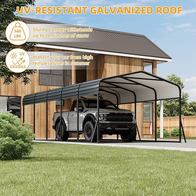 12' X 24' X 8.5' Heavy Duty Metal Carport with Galvanized Roof, Weatherproof Car Garage Shelter, All-Weather Permanent Cover for Cars/Trucks/Boats/Tractors