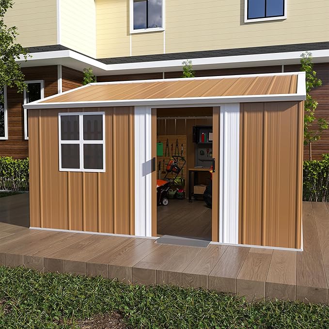 KEIKI 12FT x 10FT Heavy-Duty Metal Storage Shed, Outdoor Storage Shed with Floor & Window and Lockable Doors, Weatherproof Outdoor Garden Shed for Garden, Backyard, Patio, Lawn