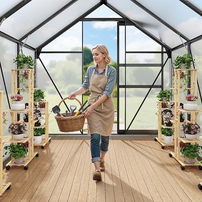 YITAHOME 10x6FT Polycarbonate Greenhouse Heavy Duty Green Houses Outdoor Aluminum Greenhouses w/ Sliding Doors Vent Window Walk-in Greenhouse for Garden Backyard, Matte Black