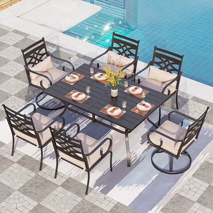 PHI VILLA 7 Pcs Patio Dining Sets,Outdoor Table Chair Set for 6 with 2 Outdoor Swivel Chairs and Metal Rectangular Table,Outdoor Dining Furniture with Cushion and Pillow for Garden Lawn Deck