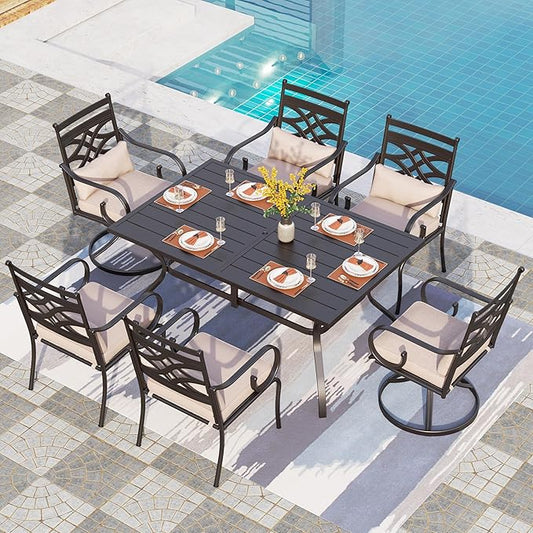 PHI VILLA 7 Pcs Patio Dining Sets,Outdoor Table Chair Set for 6 with 2 Outdoor Swivel Chairs and Metal Rectangular Table,Outdoor Dining Furniture with Cushion and Pillow for Garden Lawn Deck
