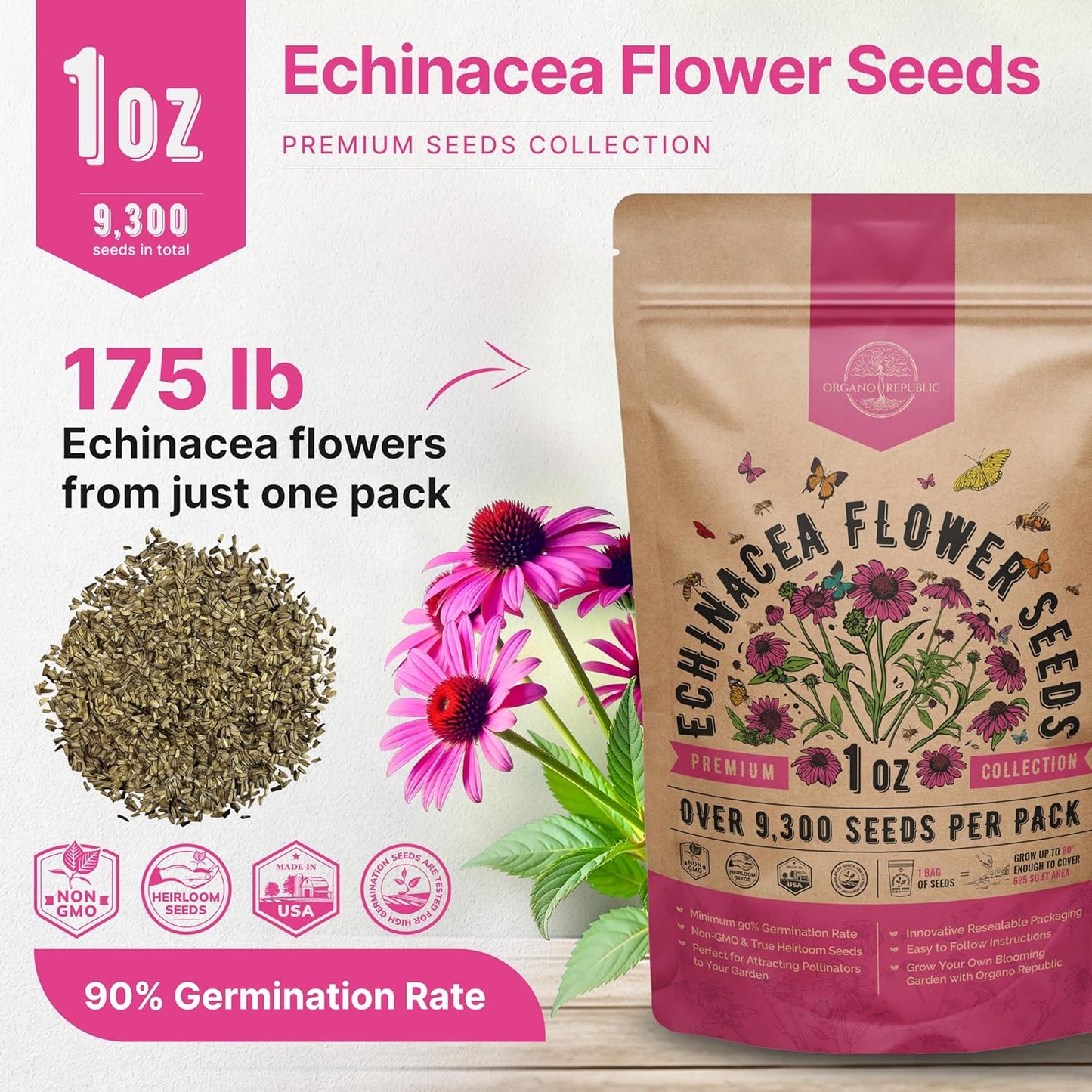 Organo Republic Echinacea Seeds Pack 1 oz - Over 9,300 Non-GMO Heirloom Echinacea Seeds for Planting, Perennial Flowers in Individual Packet, Coneflower for Planting Indoor & Outdoor Garden