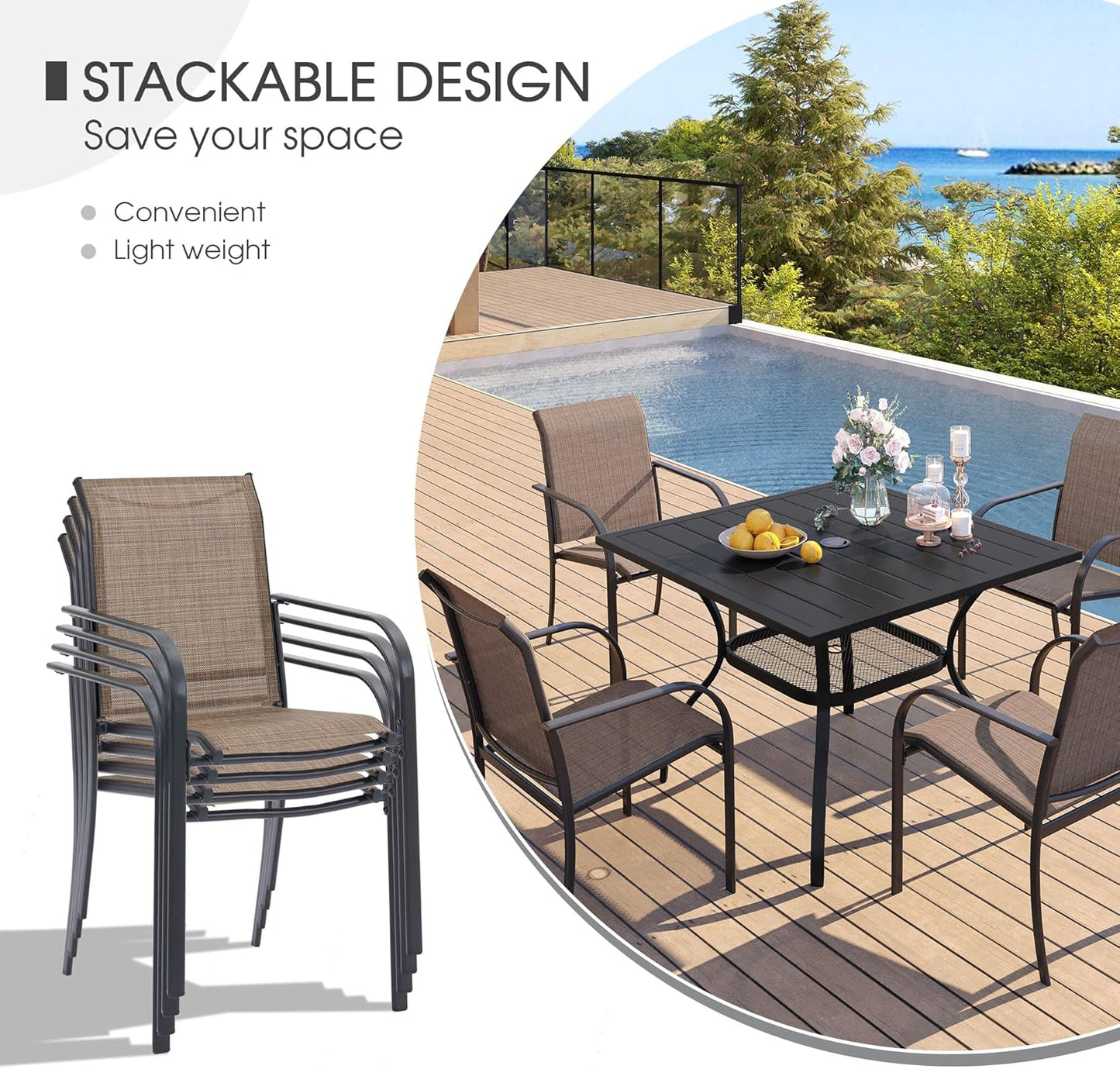VICLLAX Patio Dining Set for 6, Outdoor Furniture Set Includes 47.2" Round Patio Table and 6 Patio Sling Chairs, Walnut Tabletop and Brown Fabric