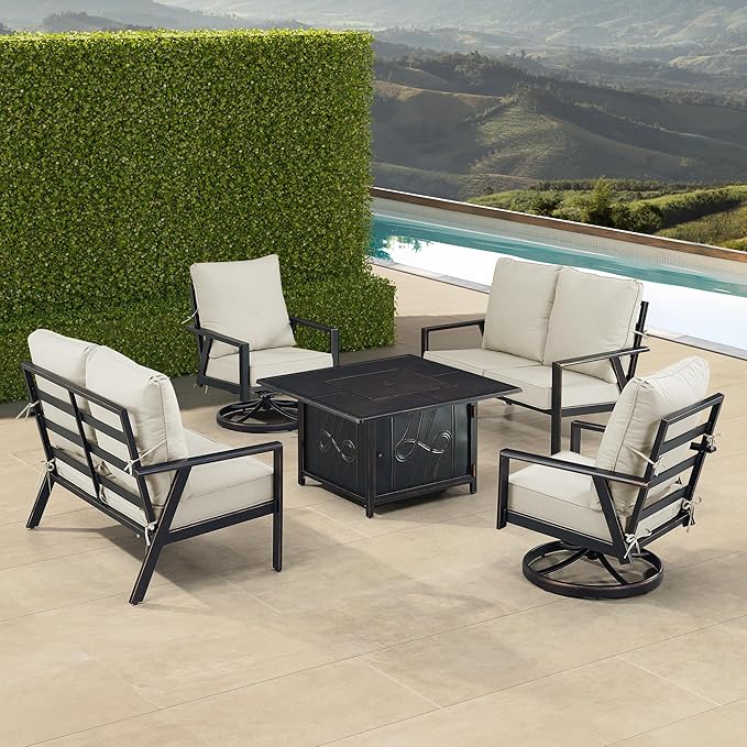 Oakland Living Black Aluminum Patio Fire Table Set with Two Deep Seating Loveseat with Cushions and Two Club Chairs with Light Grey Cushions