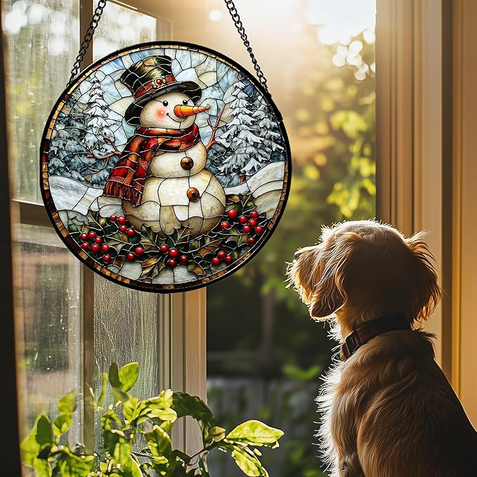 Stained Glass Window Hanging - Christmas Snowman Suncatcher for Door Terrace Garden Home Decor Winter Forest Snow Sun Catcher Birthday Gifts for Lovers Women Men Dad Mom Nana 7.8 in