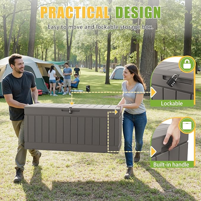 Greesum 82 Gallon Resin Deck Box Large Outdoor Storage for Patio Furniture, Garden Tools, Pool Supplies, Weatherproof and UV Resistant, Lockable, Coffee