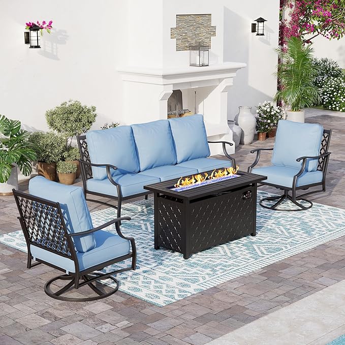 4 Piece Metal Outdoor Patio Furniture Sets with 5000 BTU Firepit Table, Patio Conversation Sets 1 3-seater Sofa, 2 Swivel Chair with 5.75" Thick Cushion, Black Backyard Furniture, Blue