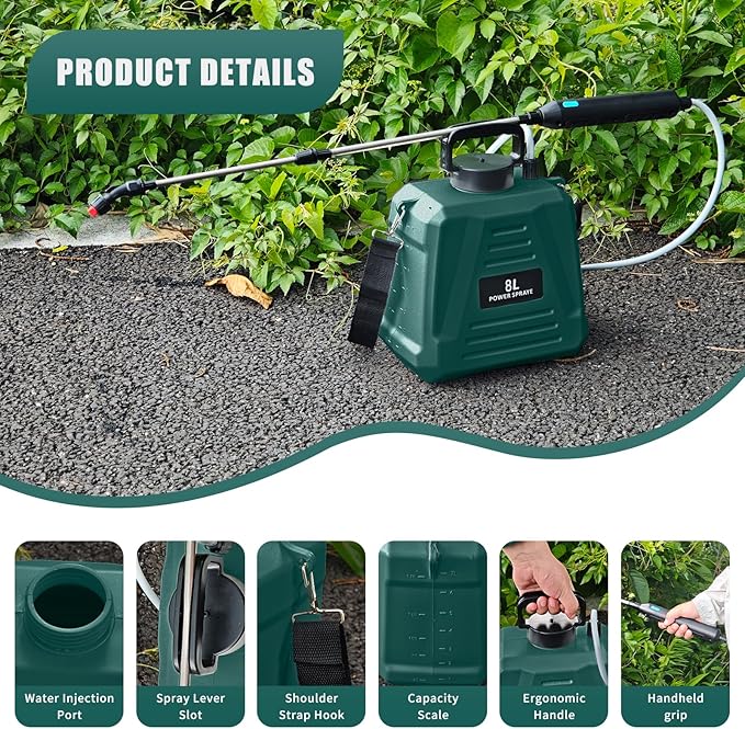 2 Gallon Battery Powered Sprayer, Electric Garden Sprayer, Backpack Sprayer with 3 Mist Nozzles & USB Rechargeable Handle & Retractable Wand & Adjustable Strap for Lawn, Garden, Yard (Green)
