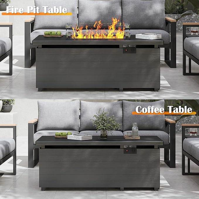 Sundale 50 Inch Outdoor Fire Pit Table, 50,000BTU Rectangle Propane Fire Pit with Glass Wind Guard, Rain Cover, Removable Lid, CSA Certified, Gray