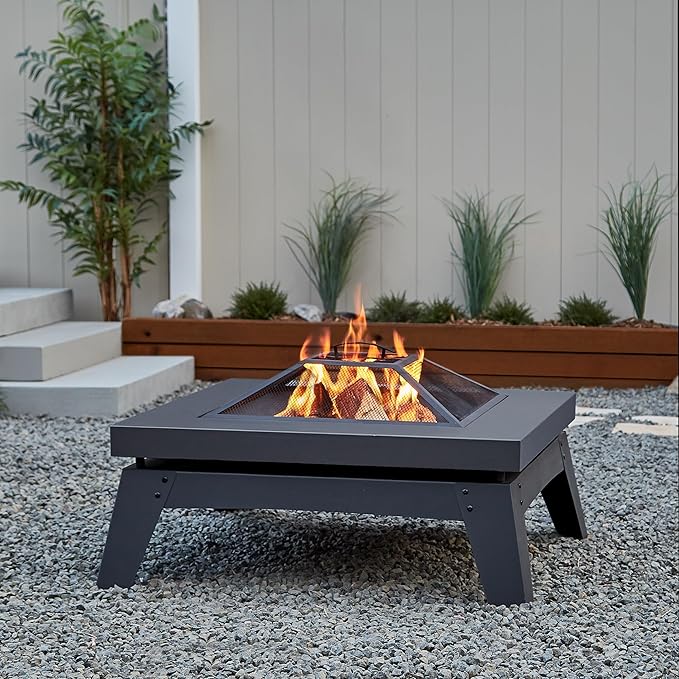 Real Flame Breton Wood Burning Fire Pit - Freestanding & Portable, Includes Spark Screen, Log Poker & Storage Cover