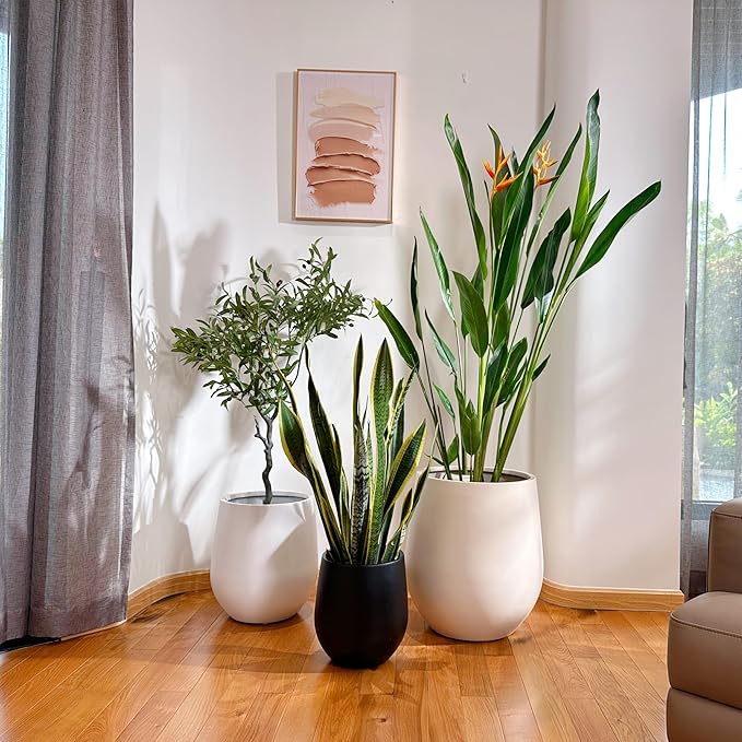 16.5" H x 15" D Corso Fiberstone Round Tapered Planter with Drainage Hole, Smooth Finishes, Weather Resistant for Indoor & Outdoor Use, Included 2 Extra Coco Mats (White, 11.5" Pot Opening)