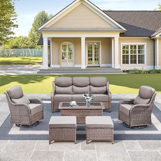 Luxury High Back Outdoor Furniture with 6-Inch Thick Cushions, Patio Furniture Set with Swivel Chairs, 6 PCS Wicker Conversation Set for Porch, Balcony, Deck and Yard
