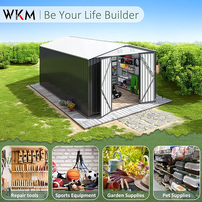 WKM 10x14 Outdoor Storage Shed, Garden Shed with Updated Frame Structure and Lockable Doors, Metal Tool Sheds for Backyard Garden Patio Lawn, White