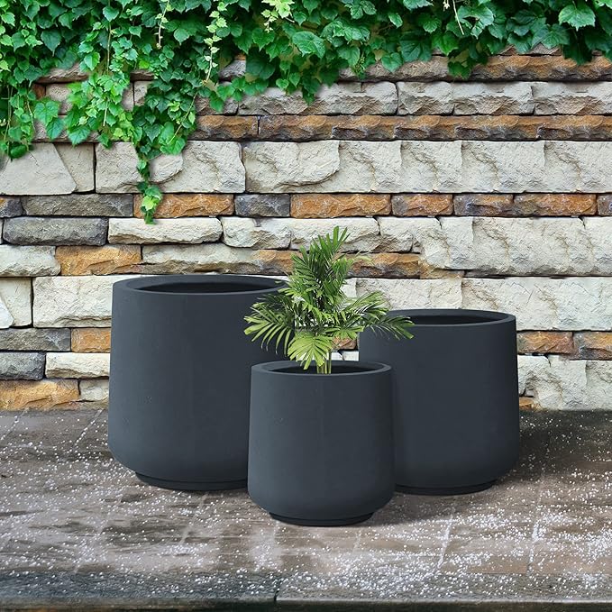 Kante 15.3"+11.6"+8.2" Dia Round Concrete Planter, Large Outdoor Indoor Planter Pots Containers with Drainage Holes and Rubber Plug for Home Garden Patio, Charcoal