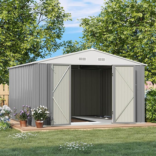 Patiowell 10 x 10 FT Outdoor Storage Shed with Floor Frame, Metal Yard Shed with Design of Lockable Doors, Utility and Tool Storage for Garden, Patio, Backyard, Outside use, Gray