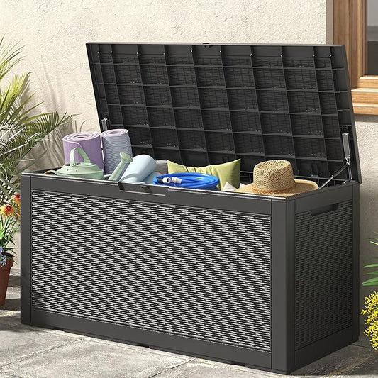 NUNU LAB 101 Gallon Resin Deck Box – Large Lockable Outdoor Storage Box with Gas Lift, Waterproof Patio Storage for Cushions, Garden Tools, Pool Supplies, and More, Black