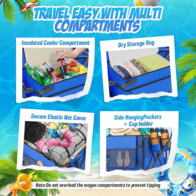 Beach Wagon with Big Wheels for Sand, 450lbs Heavy Duty Folding Wagon, Oversized 200L, 9" PVC All-Terrain Wheels, Adjustable Handle, Cooler & Storage Bags for Beach, Camping, Garden & Outdoor Sports