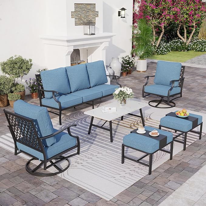 6 Piece Metal Outdoor Patio Furniture Set, Patio Conversation Sets 1 3-seater Sofa, 2 Swivel Chair, 2 Ottomans with 5.75" Thick Cushion and Coffee Table, Black Backyard Furniture, Navy