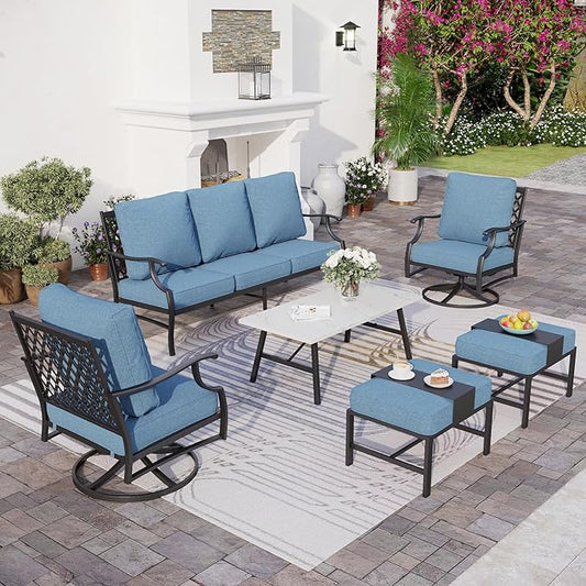 6 Piece Metal Outdoor Patio Furniture Set, Patio Conversation Sets 1 3-seater Sofa, 2 Swivel Chair, 2 Ottomans with 5.75" Thick Cushion and Coffee Table, Black Backyard Furniture, Navy