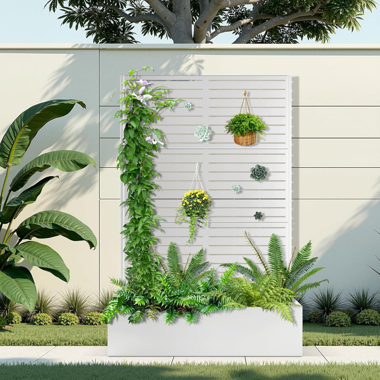 Metal Raised Garden Bed with Trellis, 2 in 1 Trellis with Planter Box & Privacy Screen for Climbing Plants, Vine, Outdoor Standing Flower Beds with Drainage Holes, 47" L x 16" W x 71" H, White