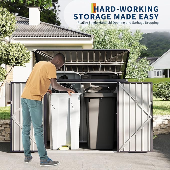 Outdoor Trash Can Storage 2 Binsgarbage Bin Storage Shed, 3x6 FT Garbage Bin Storage Shed with Chain Lid, Metal Outdoor Storage for Garden, Backyard, Lawn and Patio