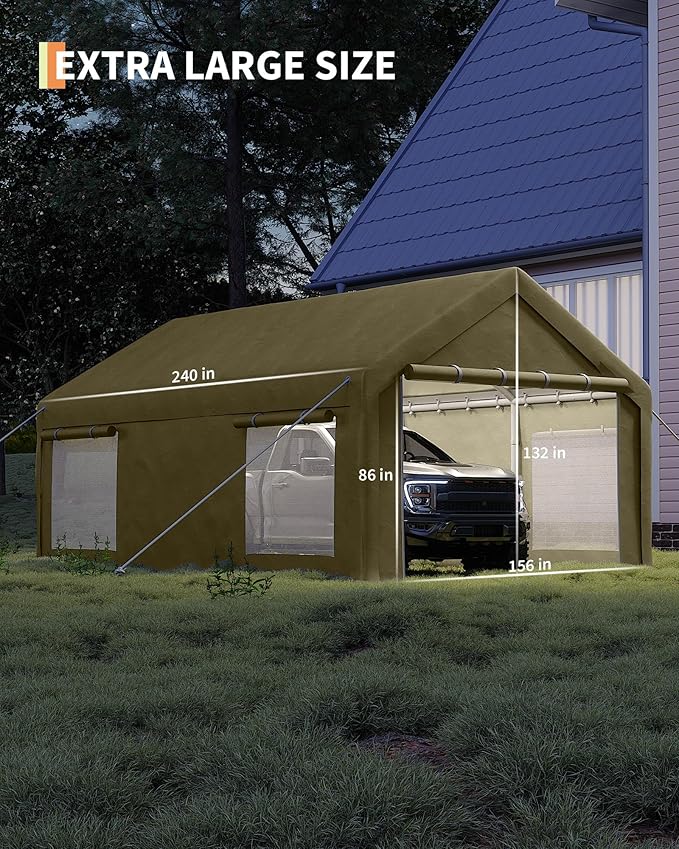 13x20 Ft Carport with 8 Sandbags, Car Port with 220g PE Tarp, 2 Roll-Up Doors, and 4 Windows, for Full-Size Pickups, Bass Boats, Tractors, and SUVs, Khaki