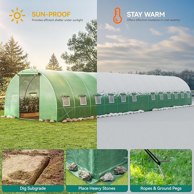 YITAHOME 44x10x7ft Greenhouse Extra Large Heavy Duty 4 Zipper Doors Outdoor Greenhouses 24 Windows Walk in Tunnel Green House Plant Gardening Upgraded Galvanized Steel Frame for Garden, Green