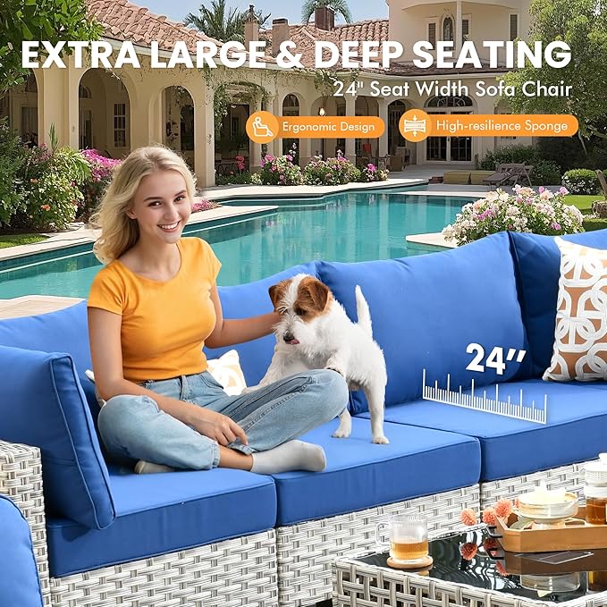 Outdoor Sectional Patio Furniture Set with Swivel Rocking Chairs and Glowing Table,8 Pieces Wicker Conversation Sets L Shaped Couch Out Door Sofa Outside Furniture for Garden Deck Yard Porch,Navy Blue