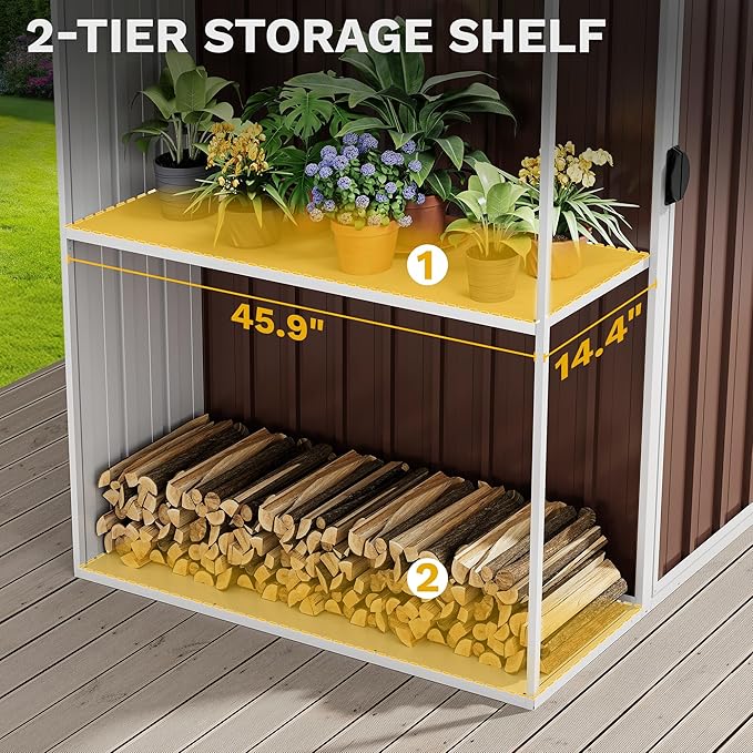 DWVO Outdoor Storage Shed 8x4FT with Rack, Metal Garden Shed with Storage Shelves, Bike Storage Tool Cabinet Box for Lawn Backyard Patio Use, Brown