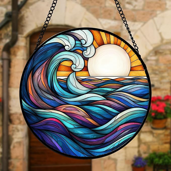 Stained Glass Window Hanging, Big Wave Sun Suncatcher Diamond Glass Panel Hangings Abstract Sun Catchers Decor for Birthday for Women, Men, Wife, Aunt,and Mom 6.3X6.3IN