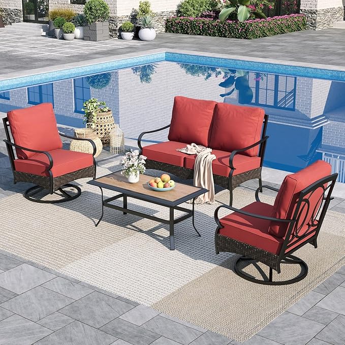 Sophia & William Patio Furniture Set, 4 Piece Metal Outdoor Conversation Set with 2-Seater Outdoor Couch, 2 Swivel Chairs, 1 Coffee Table for Outdoor Seating, Backyard, Porch(Red)