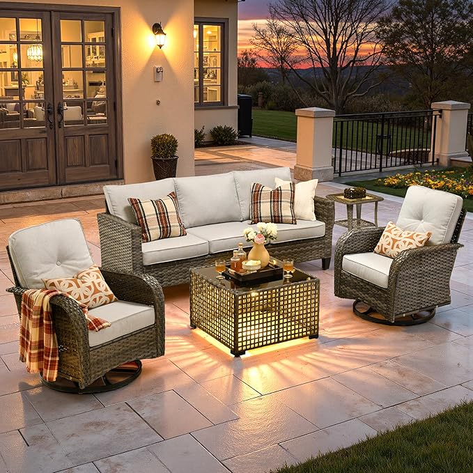 ovios 5 Pieces Patio Furniture Set, Outdoor Wicker Sofa Couch with Rocking Swivel Chairs Solar Lights Table, Modern Deep Seat Rattan Conversation Sets for Porch Deck, Grey