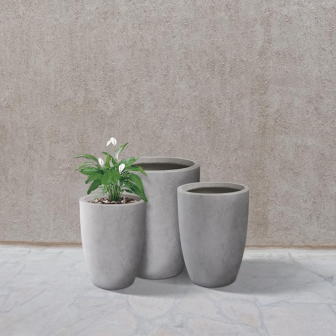 Kante 18.1",20.5",22.4" H Tall Round Concrete Planters Set of 3, Outdoor Indoor Modern Decorative Plant Pots with Drainage Hole & Rubber Plug for Home & Garden Natural Concrete