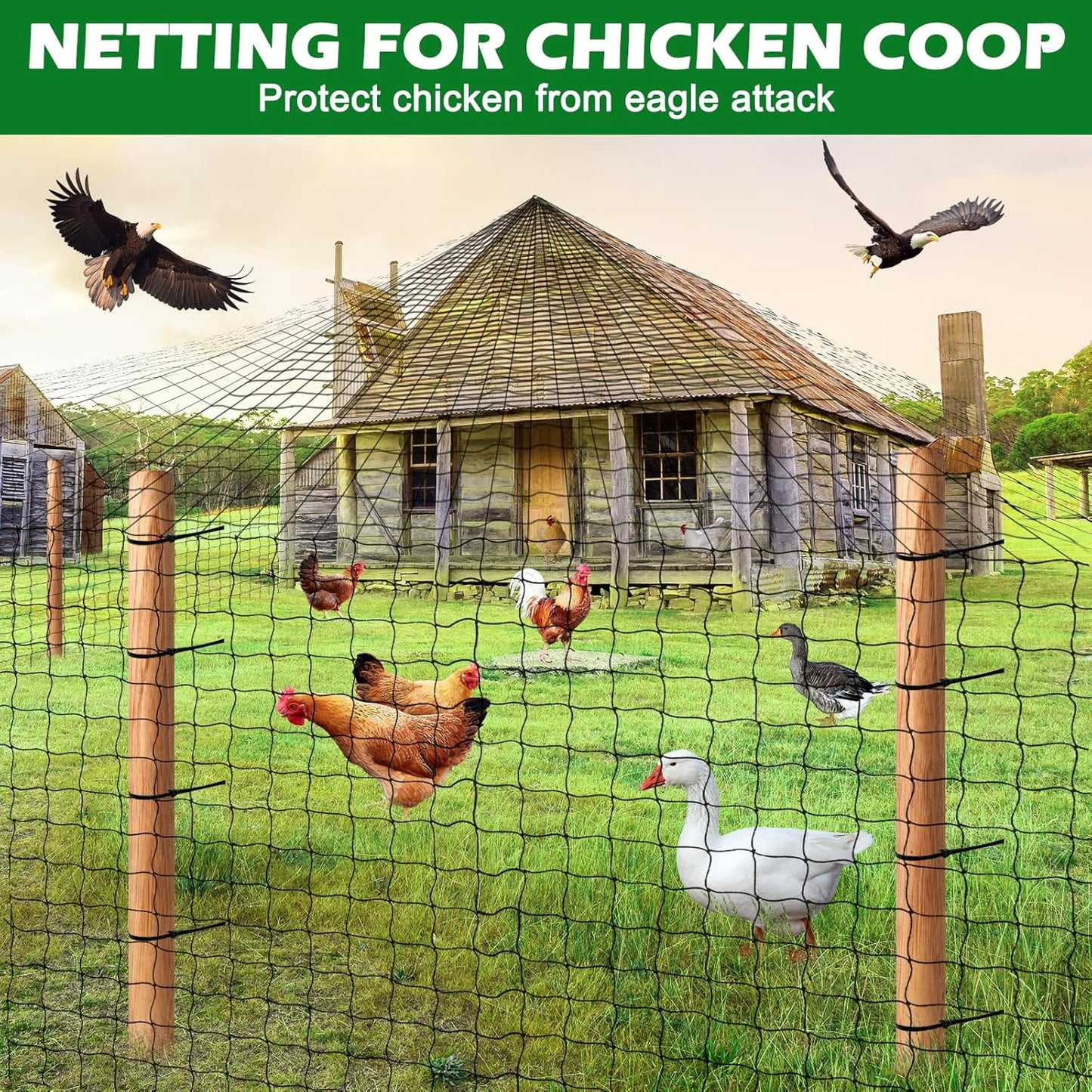 50'x50' with 2" Mesh Bird Netting for Chicken Coop with Bird Scare Tape, Hawk Nettings for Chicken Run, Heavy Duty Poultry Nettings Chicken Netting Roof Deer Net