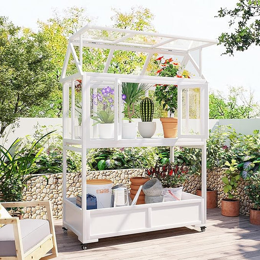 Garden Wood Portable Cold Frame - Mini Greenhouse with Wheels, Open Roof & Storage (White + Beige + Beige)