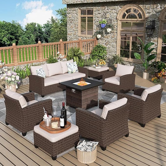 Patio Furniture Set, 8 Pcs Wicker Rattan Outdoor Conversation Set, 4 x Leg Chairs, 1 x 3 Seater Sofa and 2 x Ottomans with 4" Thick Cushion and 32" Fire Pit Table, Beige