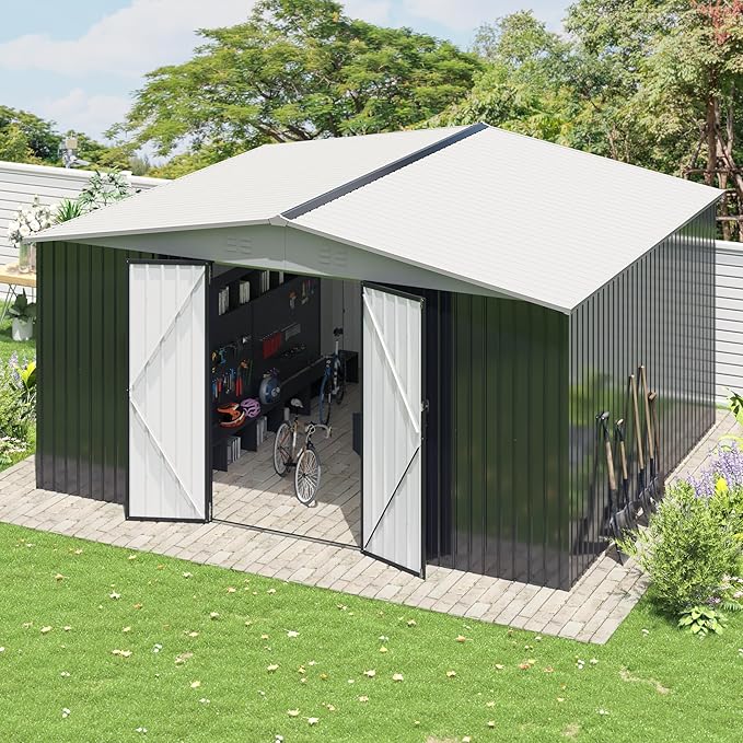 Polar Aurora 12x14 FT Outdoor Storage Shed, Garden Shed with Updated Frame Structure and Lockable Doors, Metal Tool Sheds for Backyard Garden Patio Lawn, White