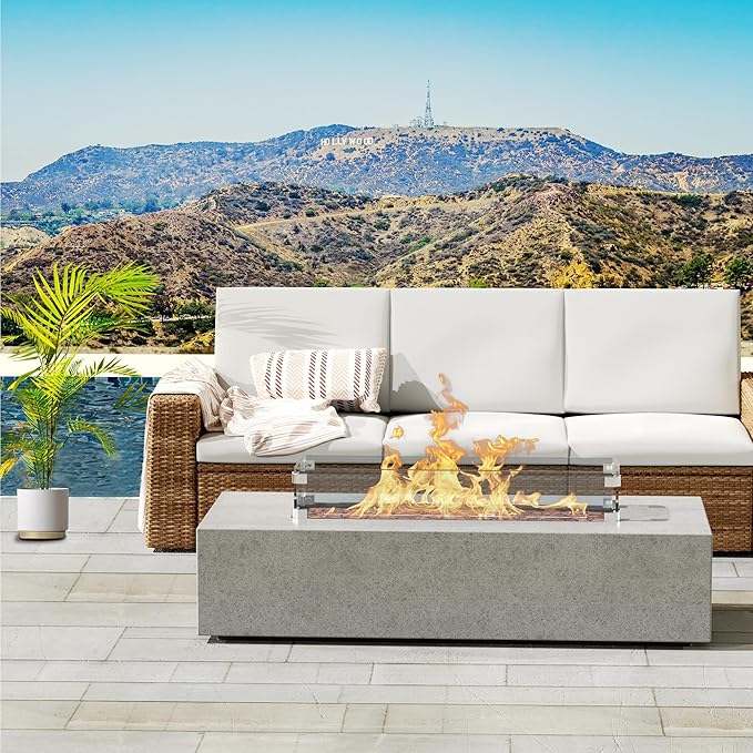 NAGA HABNA 56 Inch Propane Fire Pit Table, Rectangle Outdoor Fire Table w Glass Wind Guard (50,000 BTU), 2 Piece Gas Fire Pit w Lava Rocks for Garden, Pool, Backyard