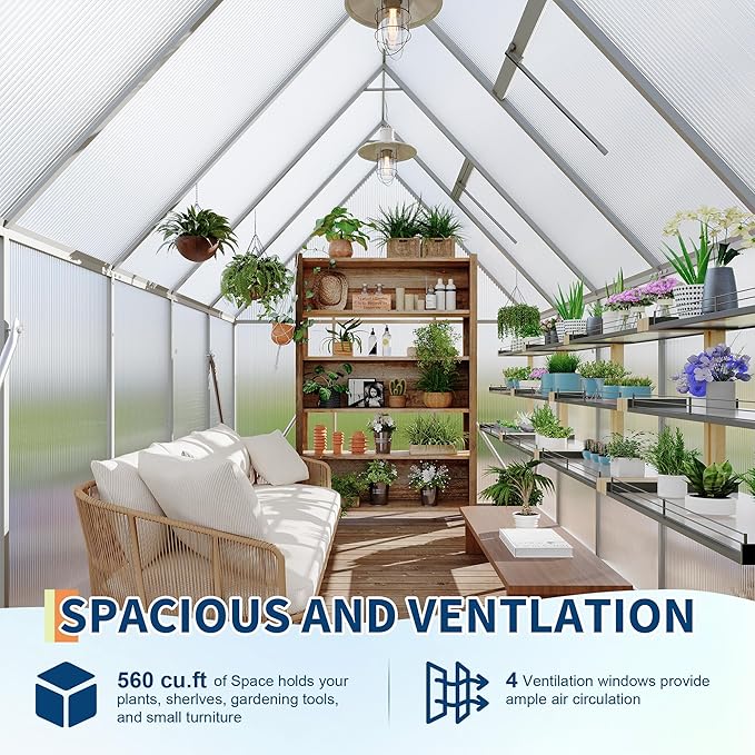 6'X9' Aluminum-Framed Polycarbonate Greenhouse, Heavy Duty Polycarbonate Greenhouse with Quick Setup Structure and Roof Vent, Large Enhanced Aluminum Greenhouses Kit for Outdoors