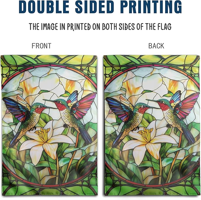 Stained Glass Hummingbird Garden Flags Floral Spring Flag Summer Flower Yard Flags for Outside 12x18 Double Sided Small Outdoor Seasonal Flags for Lawn Porch Patio Decor