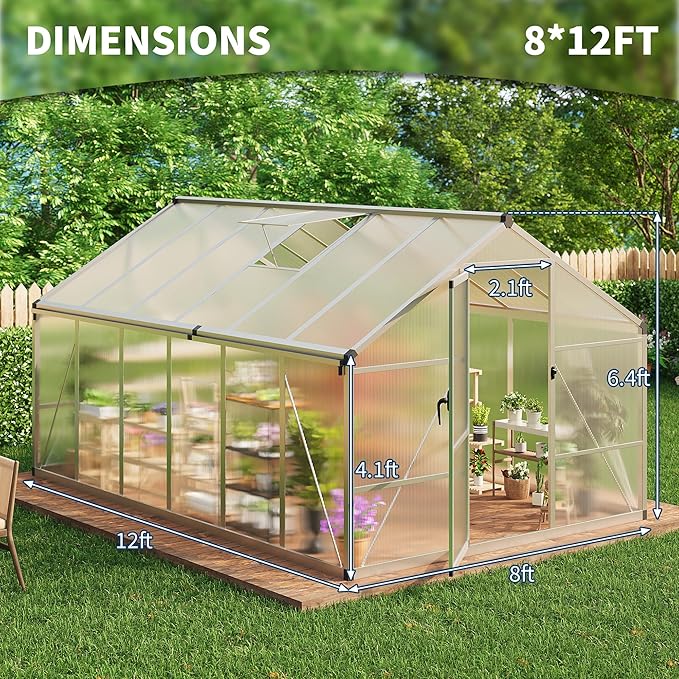 8×12 FT Greenhouse, Large Walk in Greenhouses for Outdoors and Garden Planting, Polycarbonate Greenhouse with Enhanced Aluminum Frame, Green Houses with Quick Setup Structure and Roof Vent, Silver