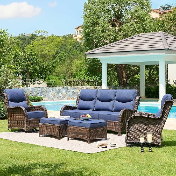 HILLGA Luxury High Back Patio Furniture Set with 6-Inch Thick Cushion, 5-Piece Outdoor Conversation Set with Sofa, Swivel Rocker Chairs & Ottomans, Ideal for Porch Pool Deck Yard (Blue)