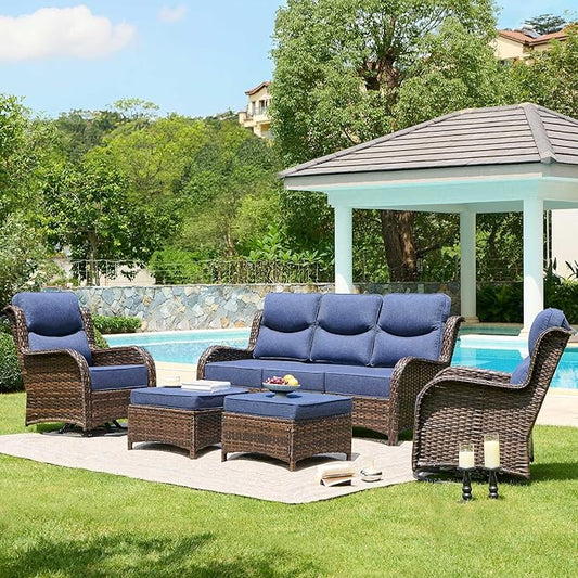 HILLGA Luxury High Back Patio Furniture Set with 6-Inch Thick Cushion, 5-Piece Outdoor Conversation Set with Sofa, Swivel Rocker Chairs & Ottomans, Ideal for Porch Pool Deck Yard (Blue)