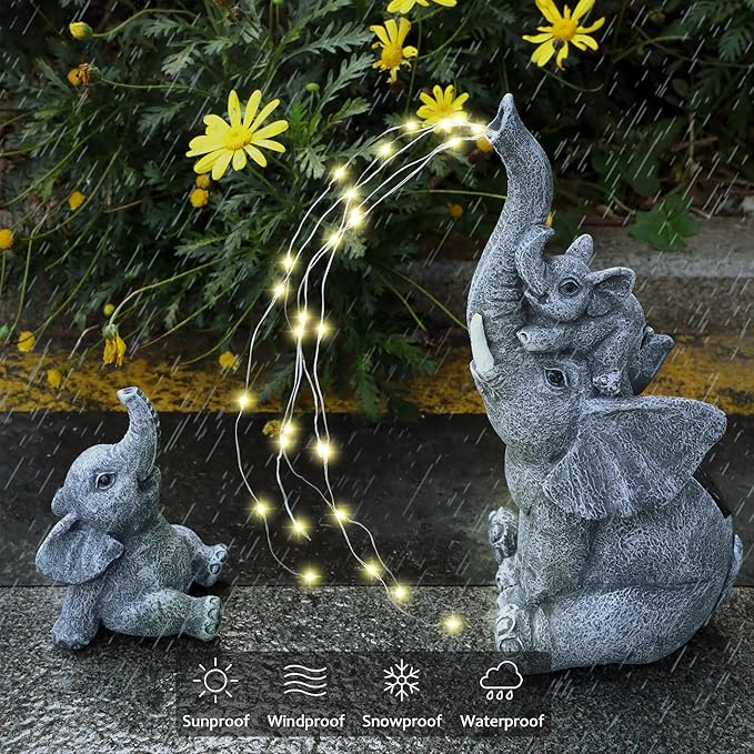 FORUP Garden Elephant Statue, Solar Elephant Statues for Garden Decor, Elephant Figurine with Solar Watering Lights, Elephant Outdoor Sculptures for Outside Porch Patio Balcony Front Yard