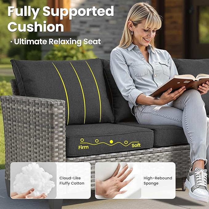 ovios Patio Furniture Set, 9 Pieces Outdoor Wicker Sofa Couch with 6 Chairs, Ottomans and Comfy Cushions, All Weather High Back Rattan Conversation Set, Black