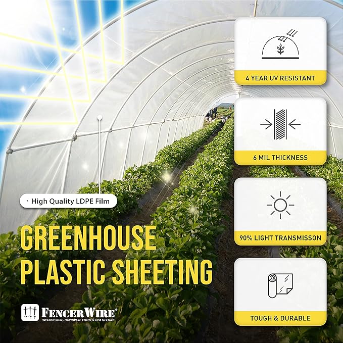 Fencer Wire 6 mil Clear Greenhouse Plastic Sheeting UV Resistant Polyethylene Greenhouse Film, Hoop House Cover for Horticulture, Gardening, Farming and Agriculture 90% Light Transmittance, 12’ x 28’