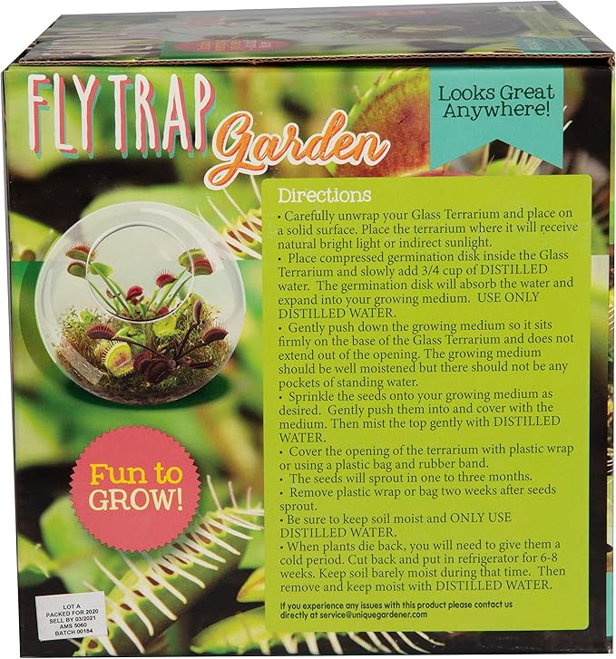 Carnivorous Fly Trap Glass Terrarium Garden Kit by Unique Gardener, Plant Terrarium Starter Supplies for Indoor Gardening - Watch Jaws Snap Shut - Easy & Fun Flytrap Planting Lasts for Years!