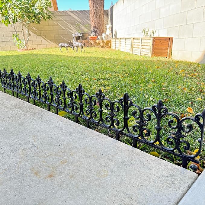 Ornate Cast Iron Garden Edging Fence（10.5" Tall） - 4 Pack Heavy Duty Metal Border for Lawn, Patio & Landscaping HC8308
