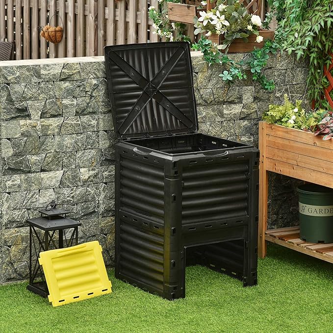 Compost Bin Outdoor 80 Gallon Garden Composter, with 48 Vents and Sliding Doors, Lightweight Outdoor Compost Box for Garden, Kitchen, and Yard Waste, Black+Yellow